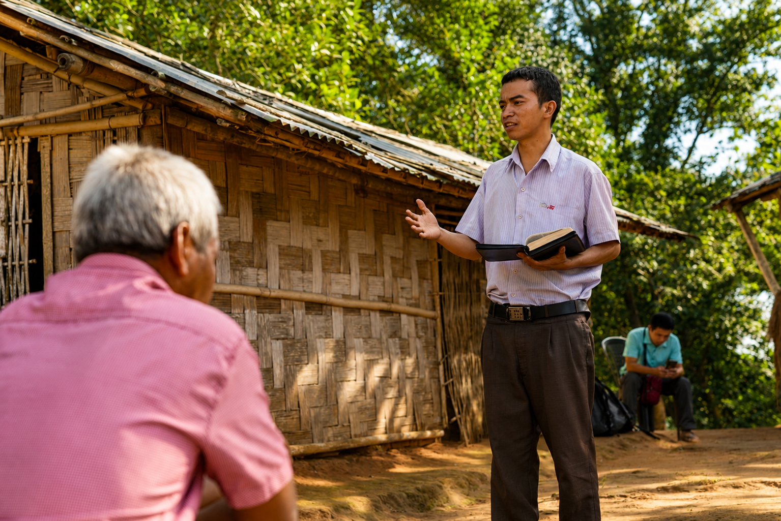 Bible worker preaching from an open Bible