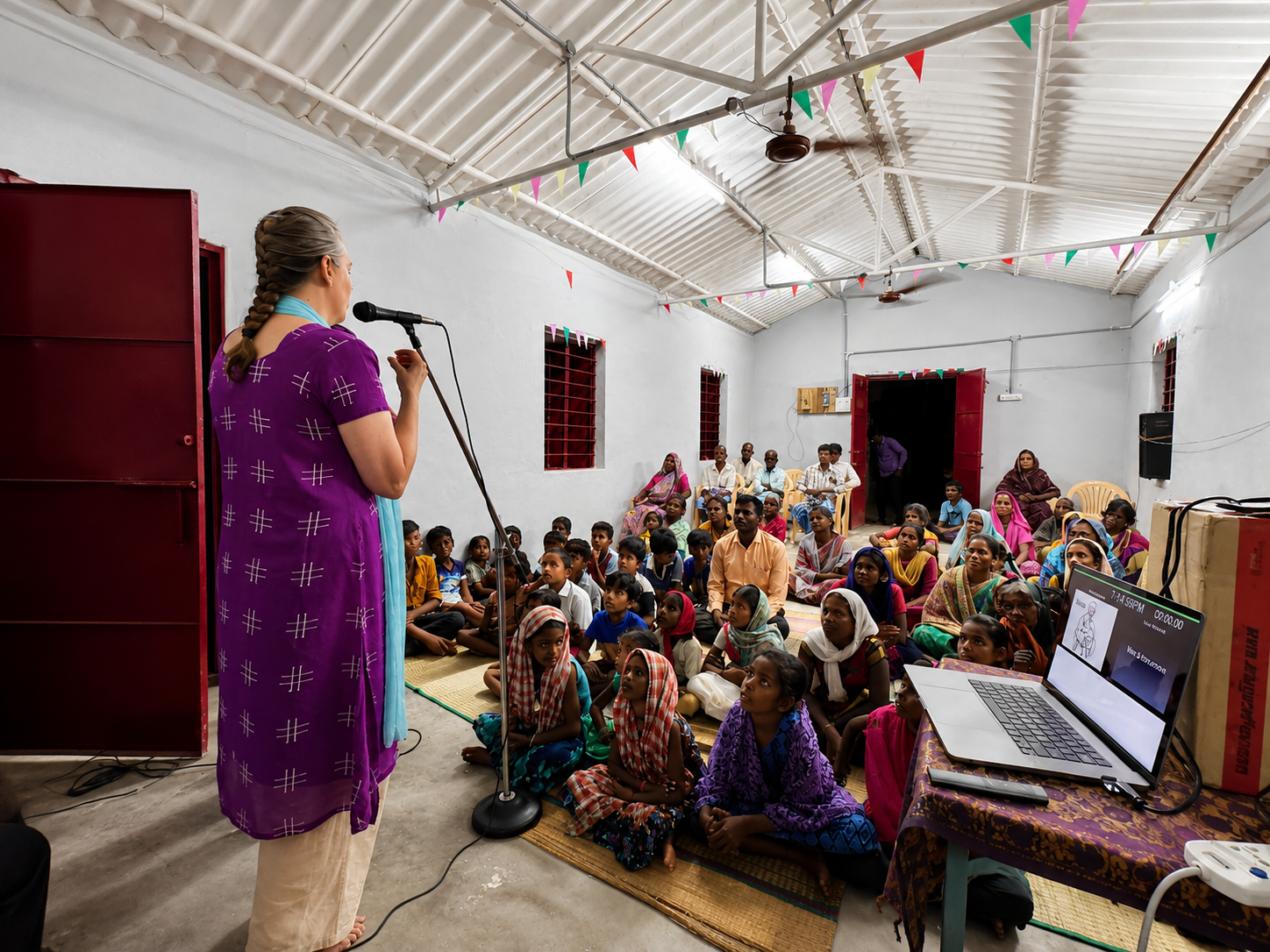 Missionary speaking to a seated congregation of families