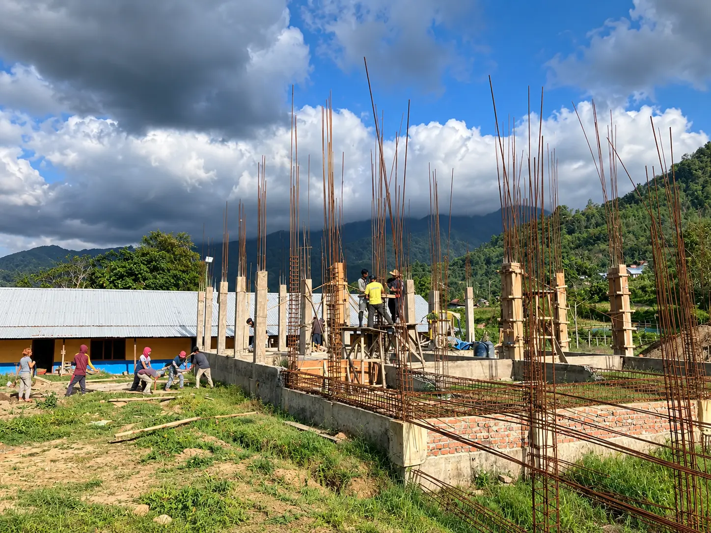 Concrete foundation with rebar for a new school building