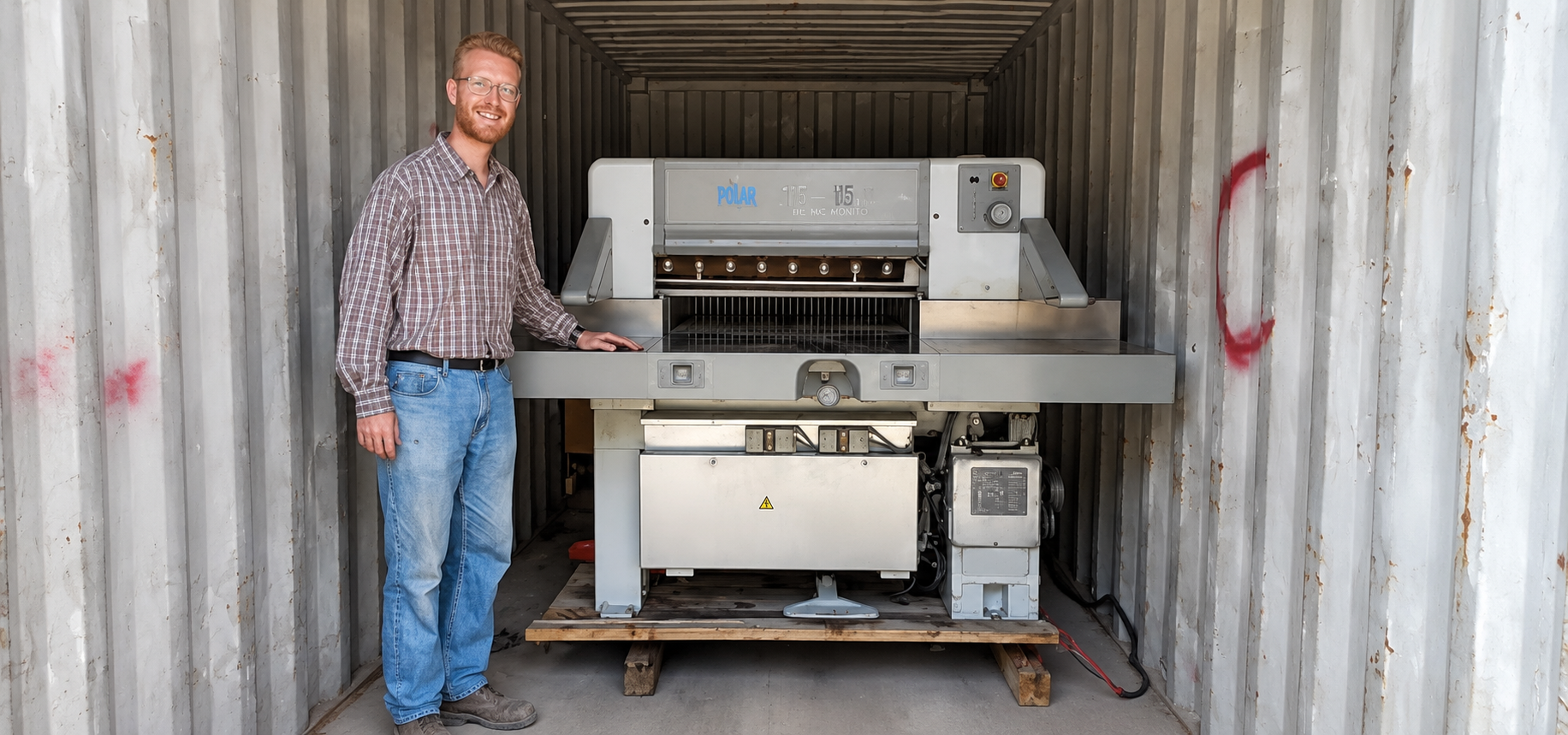 Missionary beside a Polar paper cutter donated for printing