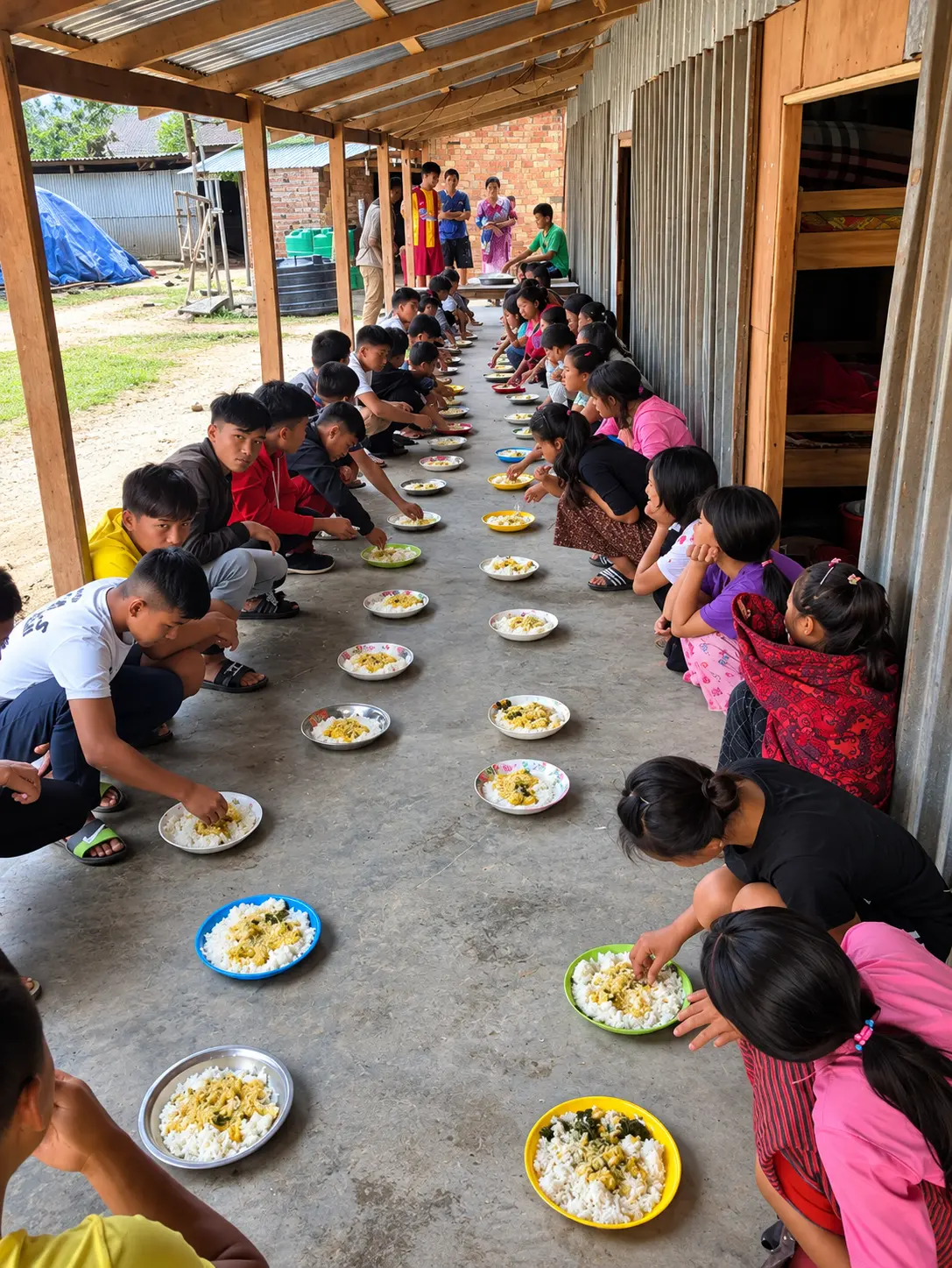 Children sharing a meal at a school in Asia