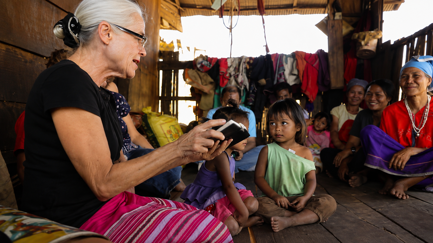A missionary reading Scripture to children and women gathered in a rustic Asian home