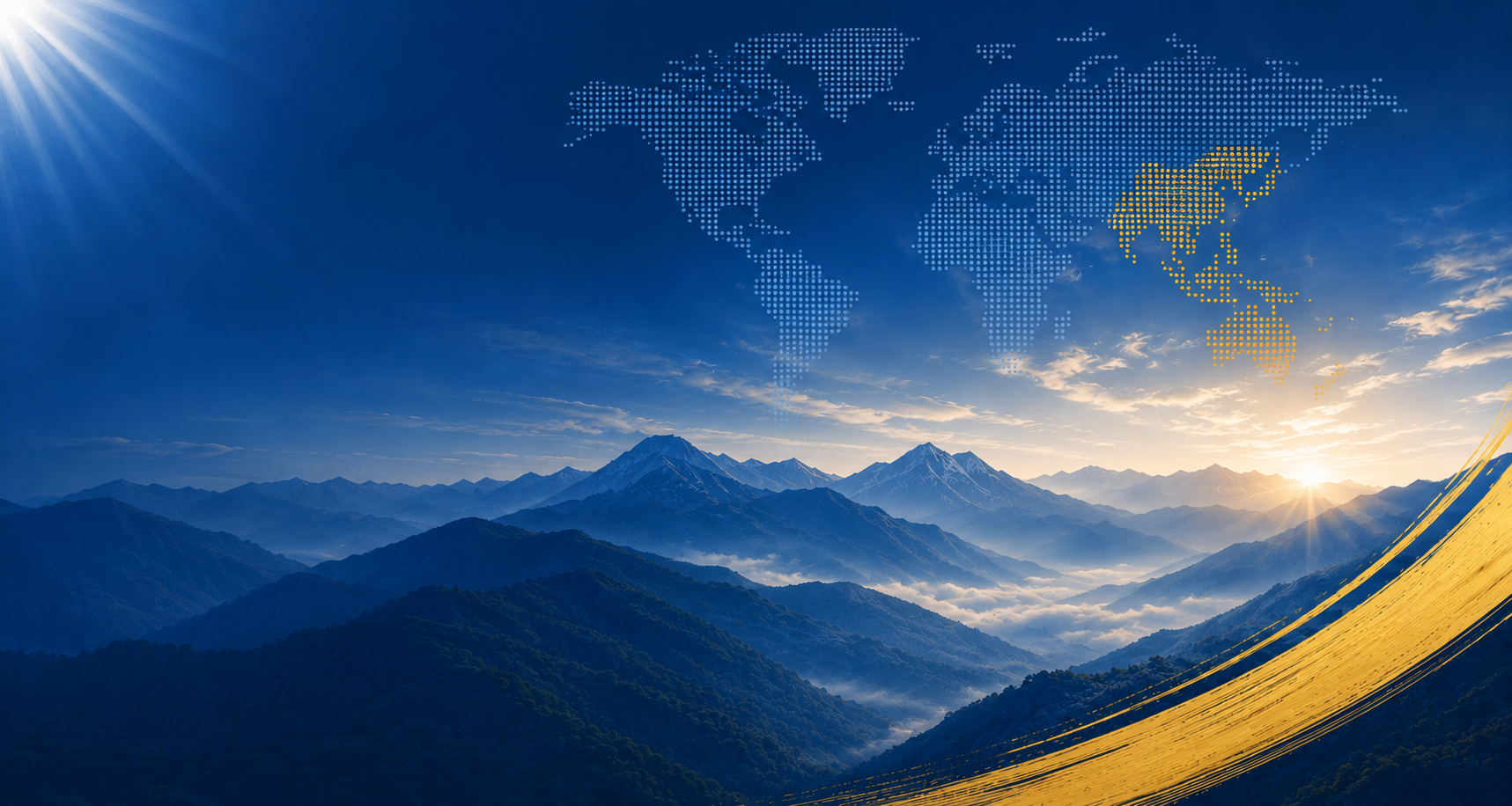 Dotted world map highlighting Asia over misty mountains
