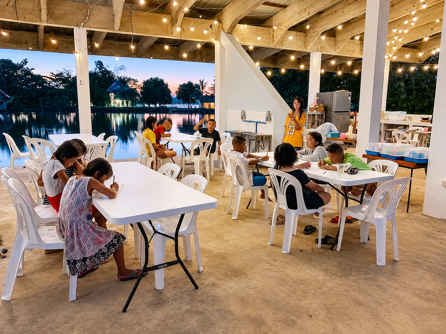 Children studying together in an open-air classroom at dusk
