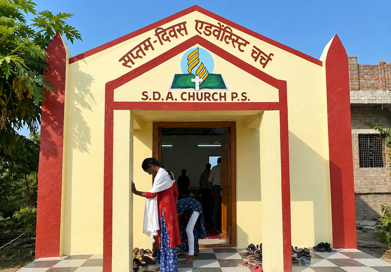 Local believers entering a Seventh-day Adventist church building in Asia