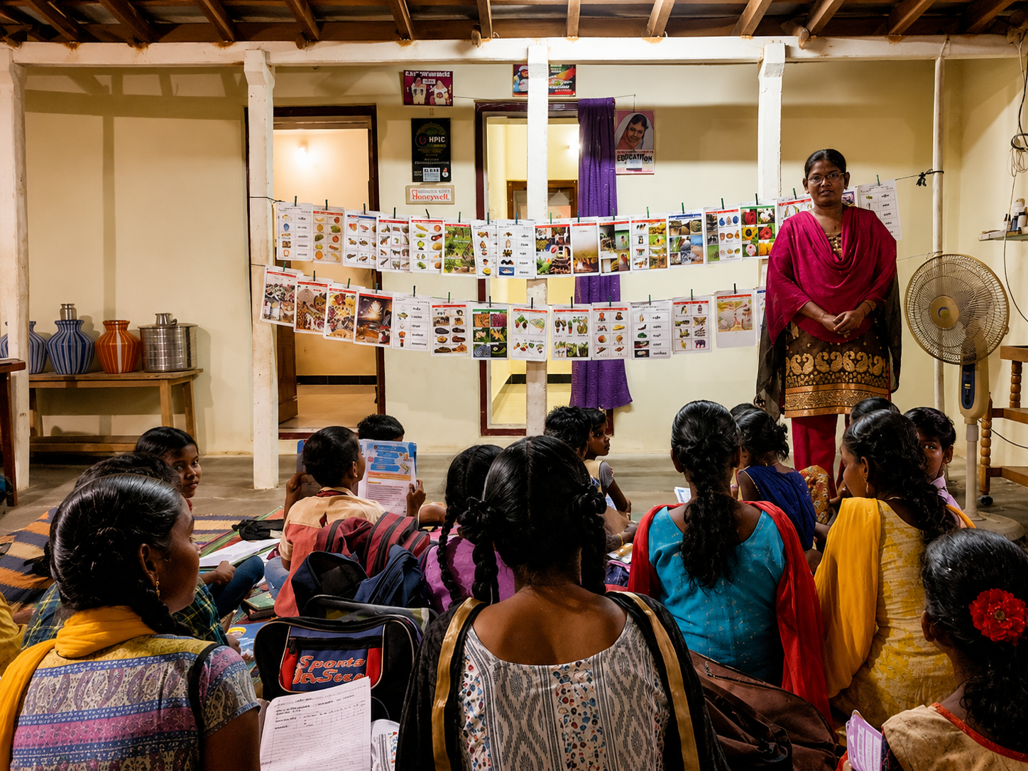 A Bible worker giving a Bible study to a family