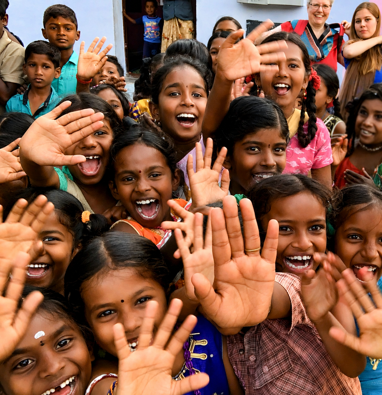 A joyful group of children waving together at a day school in Asia