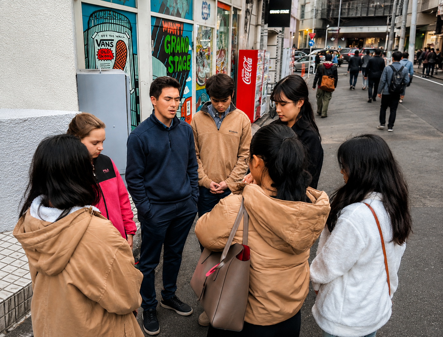 A group of young adults standing in a circle praying together on a city sidewalk in Asia